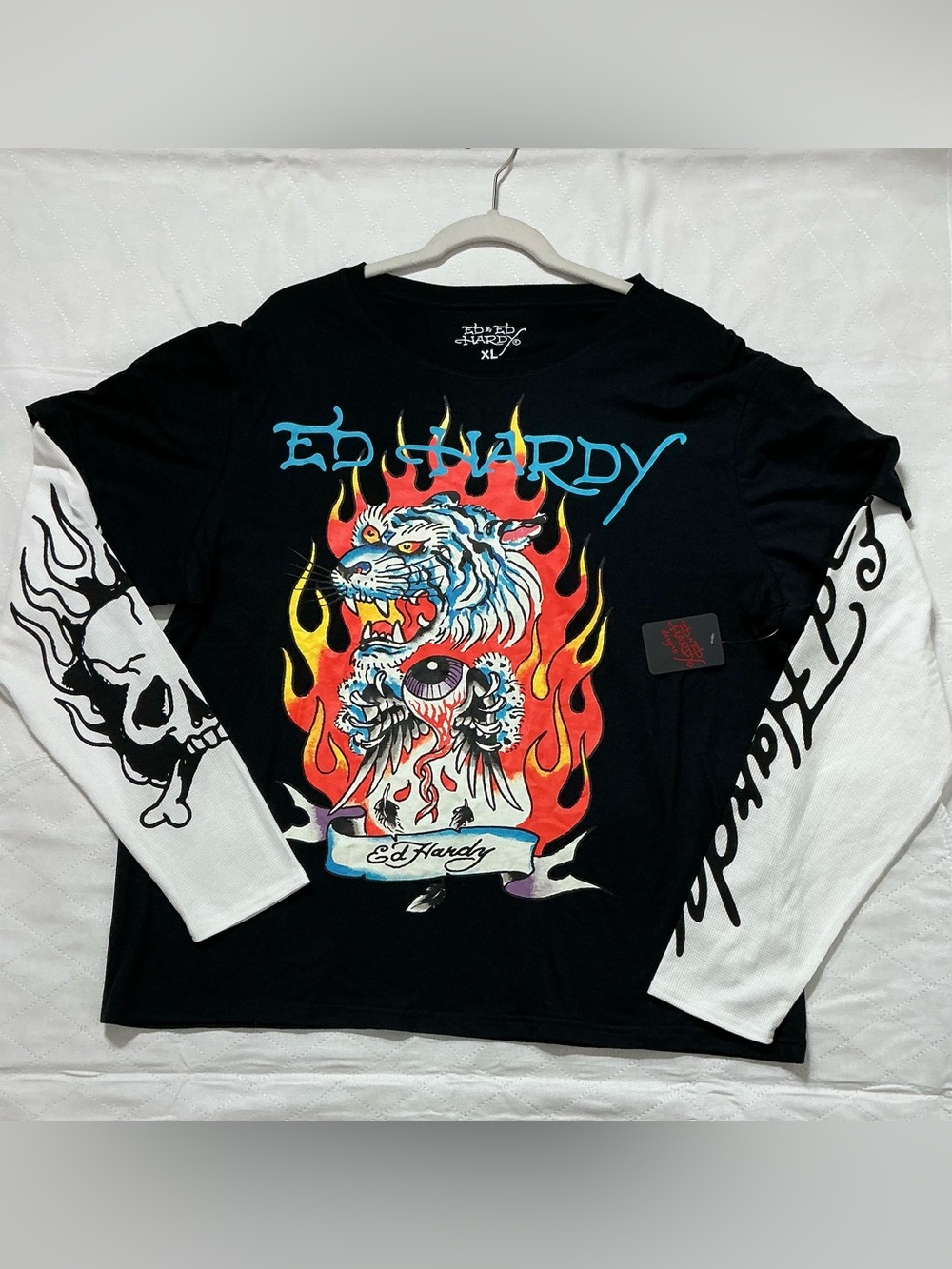 NWT Ed Hardy Fire Tiger Faux Layered Long Sleeve Graphic Tee Men XL Unisex